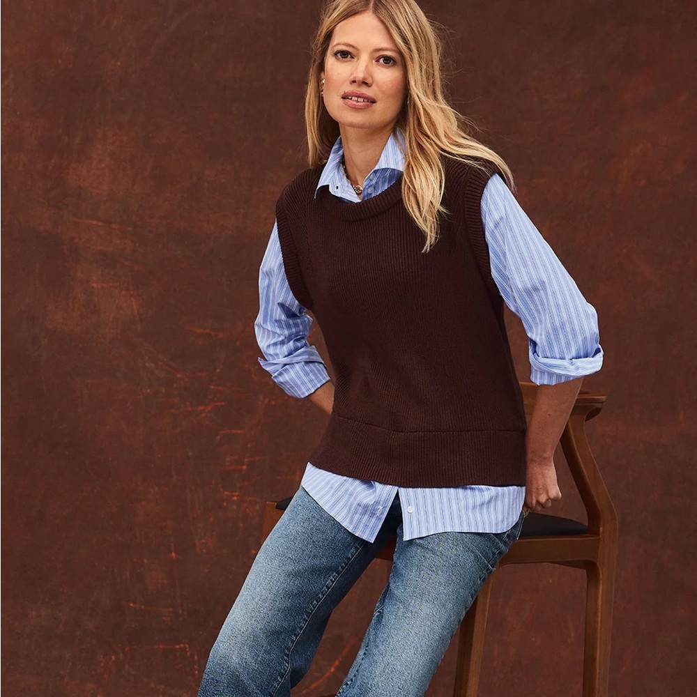 Evereve Layered Top Brown Sweater Vest W/ attached Blue & White Stripe Button up